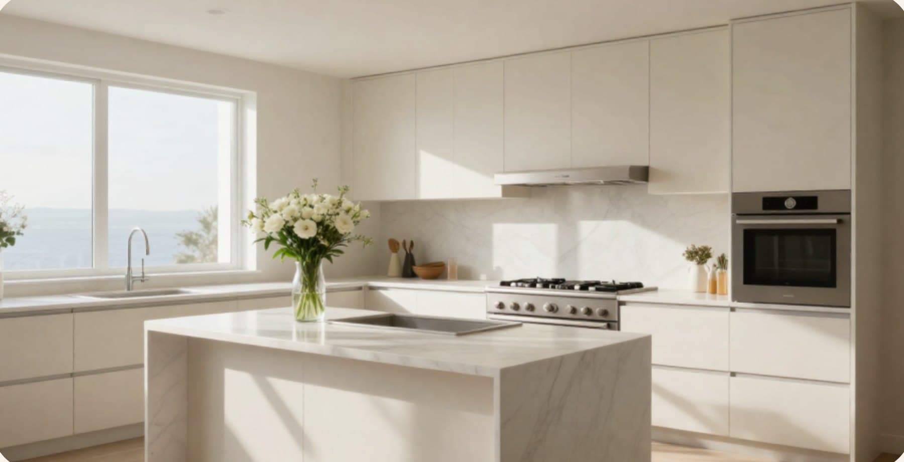 A sunlit luxury kitchen with marble island, fresh flowers, and ocean view