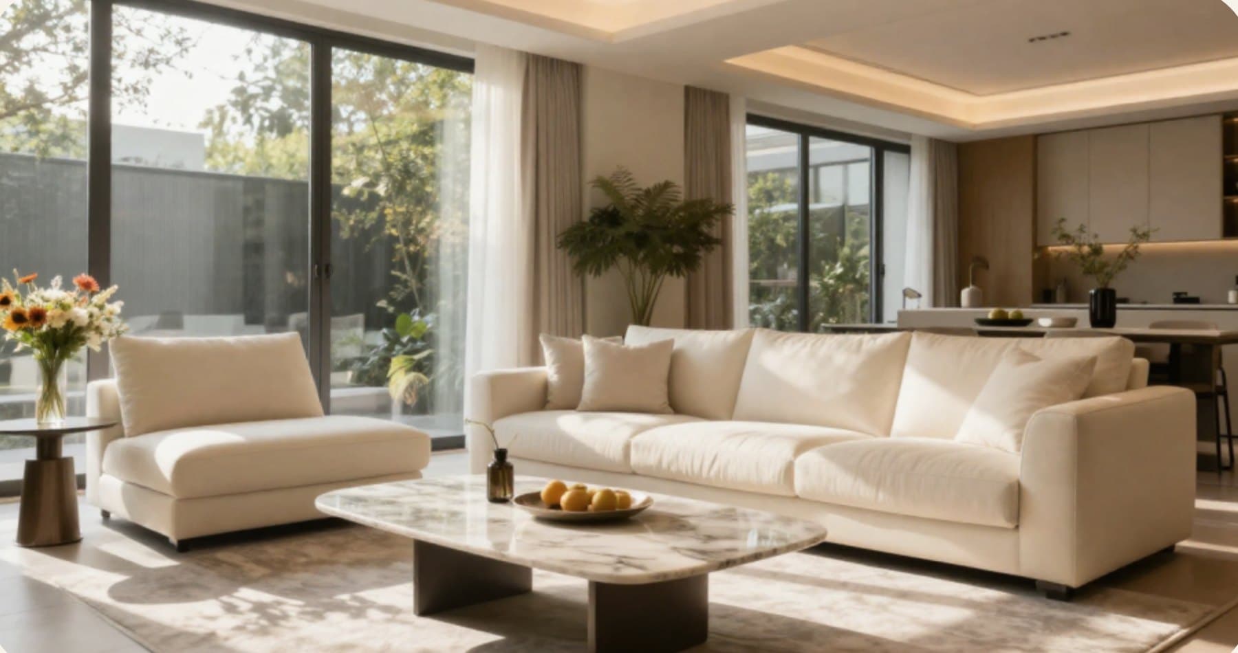 A bright luxury living room with cream sofas, marble table, and floor-to-ceiling windows